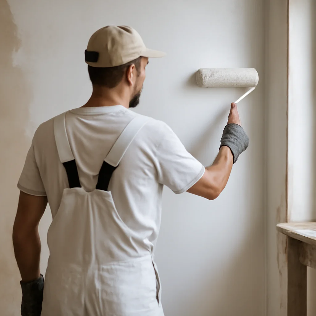 Pintor profissional passando tinta na parede durante uma reforma residencial