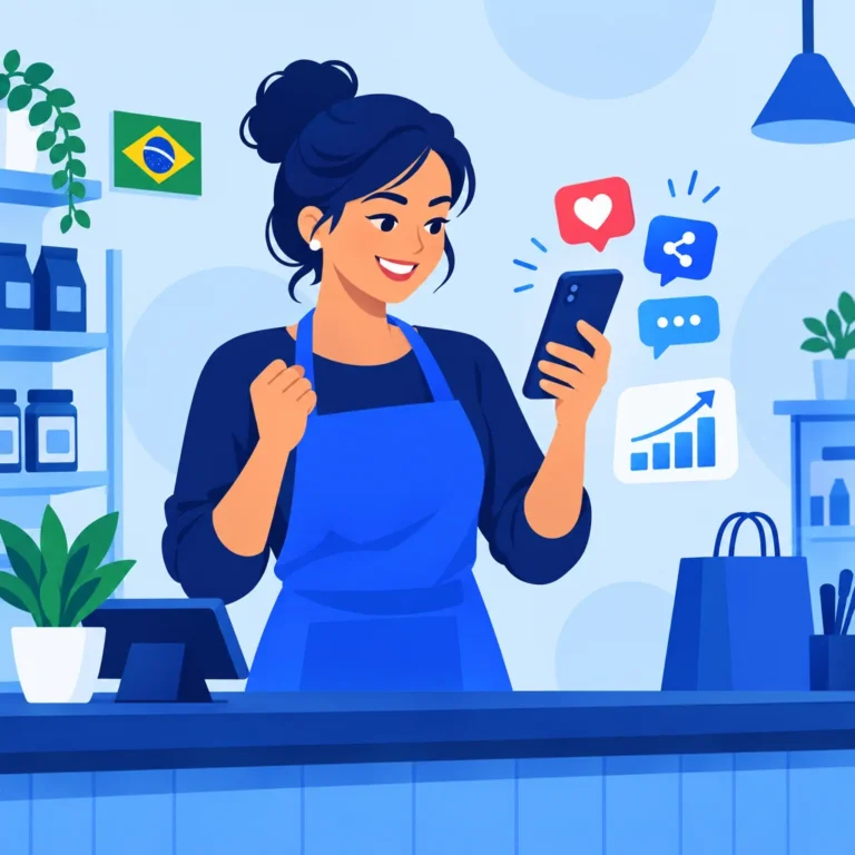 Ilustração de um pequeno empresário de Juína cuidando do marketing digital do negócio pelo celular
