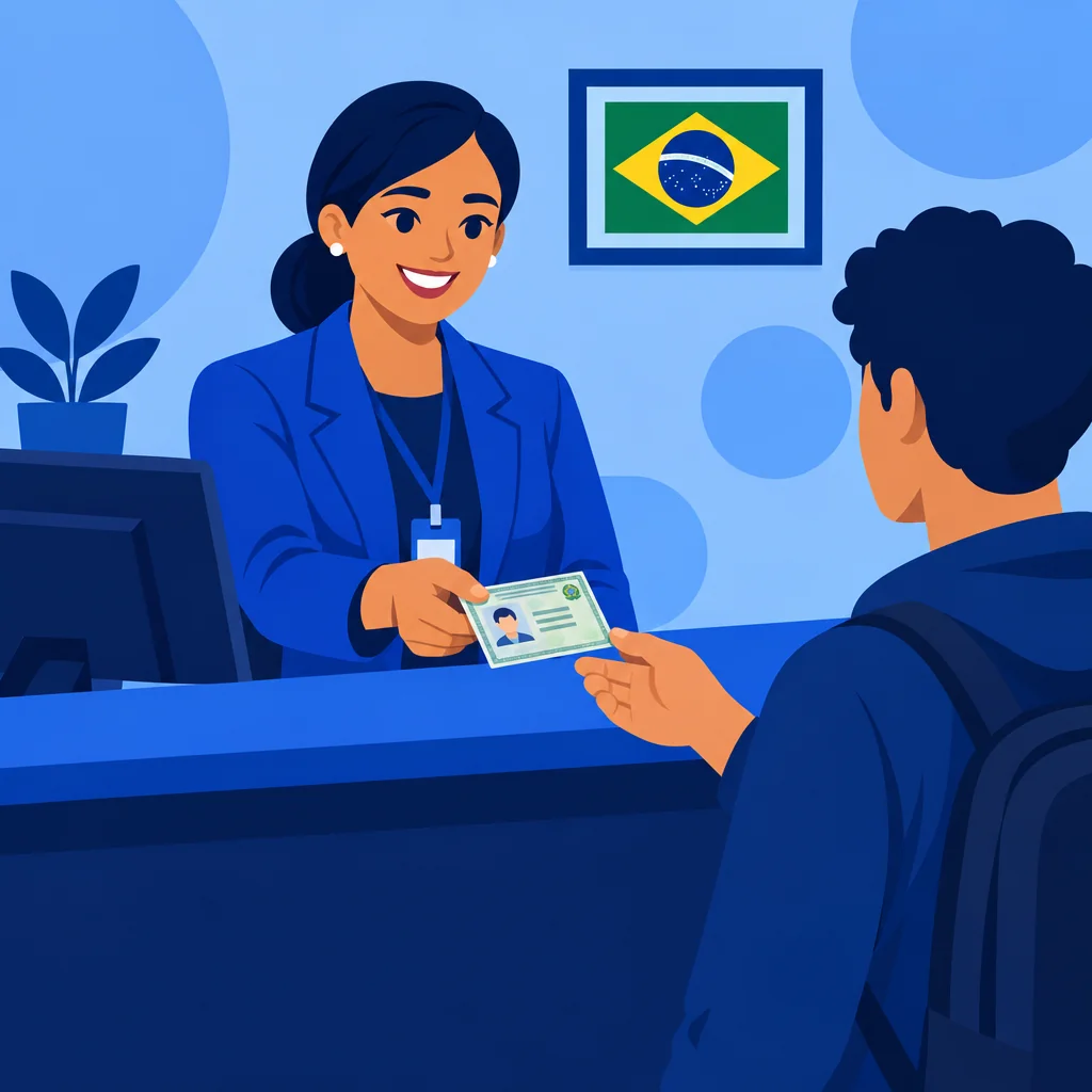 Atendente entregando um documento de identidade para um cidadão em um balcão de atendimento, com bandeira do Brasil ao fundo
