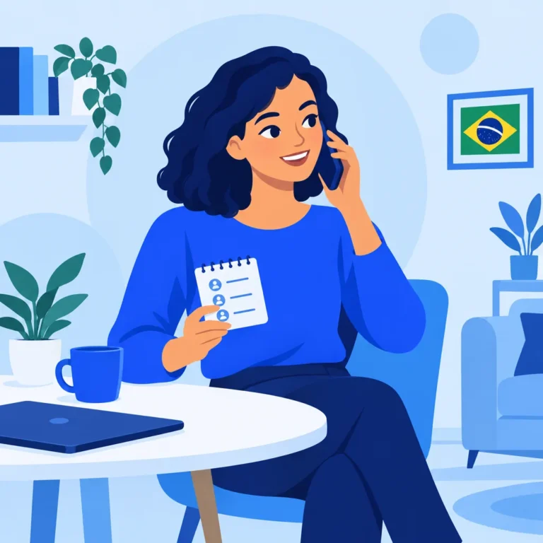 Ilustração de uma pessoa fazendo uma ligação telefônica em casa para resolver um contato útil de Juína