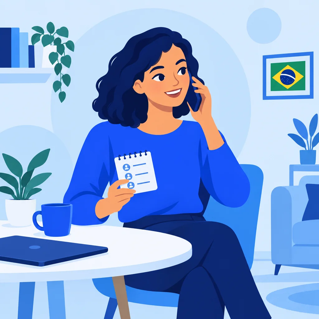 Ilustração de uma pessoa fazendo uma ligação telefônica em casa para resolver um contato útil de Juína