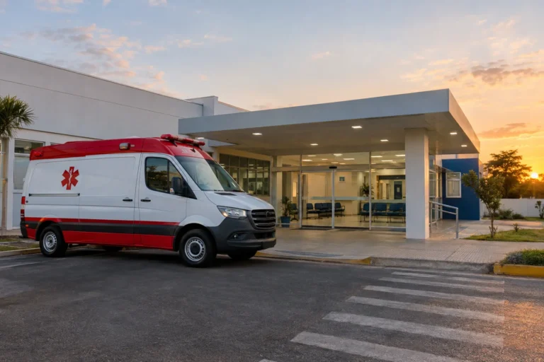 Ambulância na entrada de uma unidade de pronto atendimento, ilustrando o hospital e a UPA em Juína