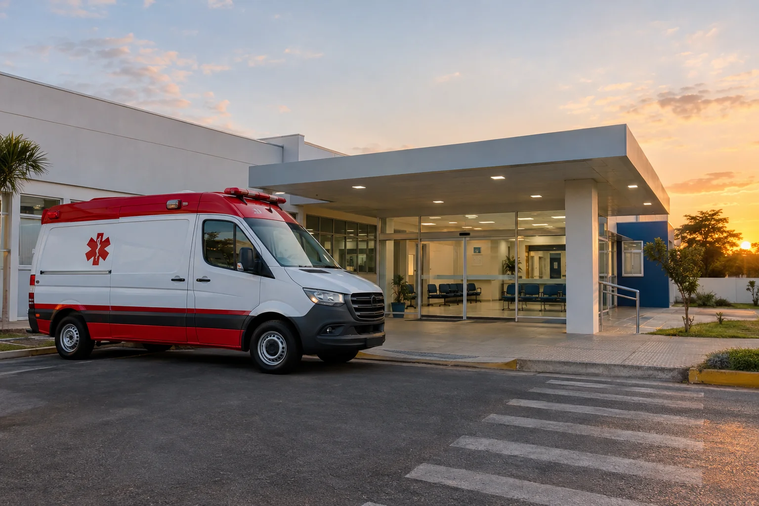 Ambulância na entrada de uma unidade de pronto atendimento, ilustrando o hospital e a UPA em Juína