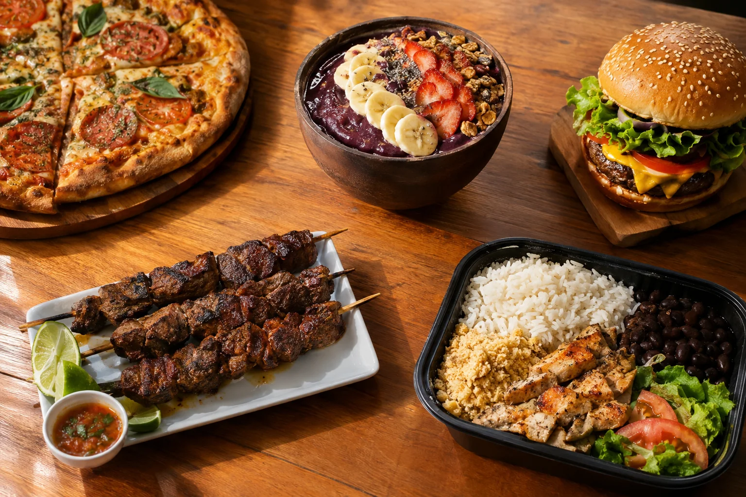 Mesa com pizza, espetinhos de churrasco, hambúrguer, tigela de açaí e marmita, representando onde comer em Juína